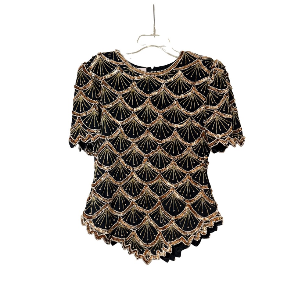 Laurence Kazar Vintage Beaded Top Womens Medium Black Gold Sequin Polyester